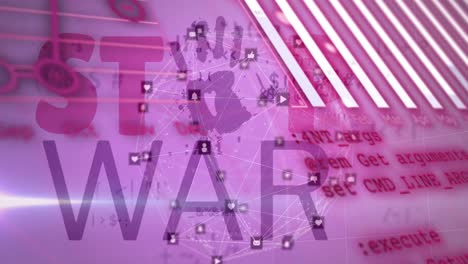 animación de la interfaz con procesamiento de datos y globo de iconos digitales contra el banner de texto de stop war