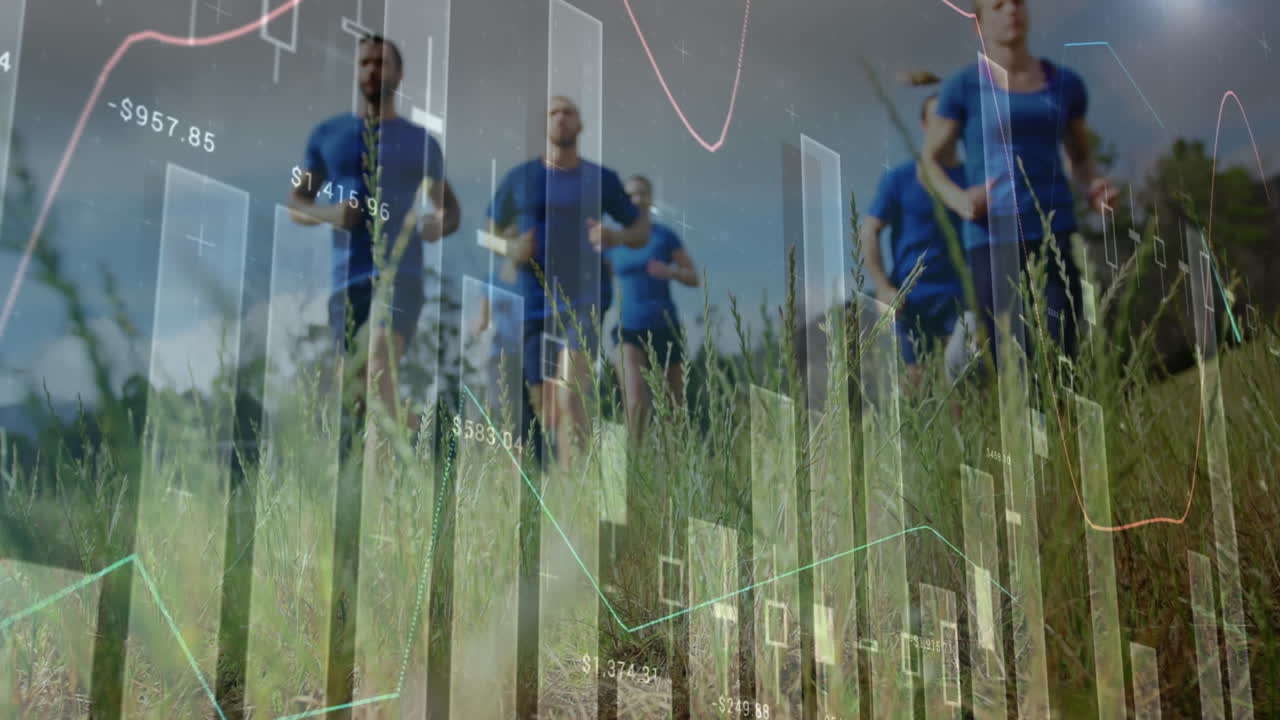 Animation of data processing over group of men and women running