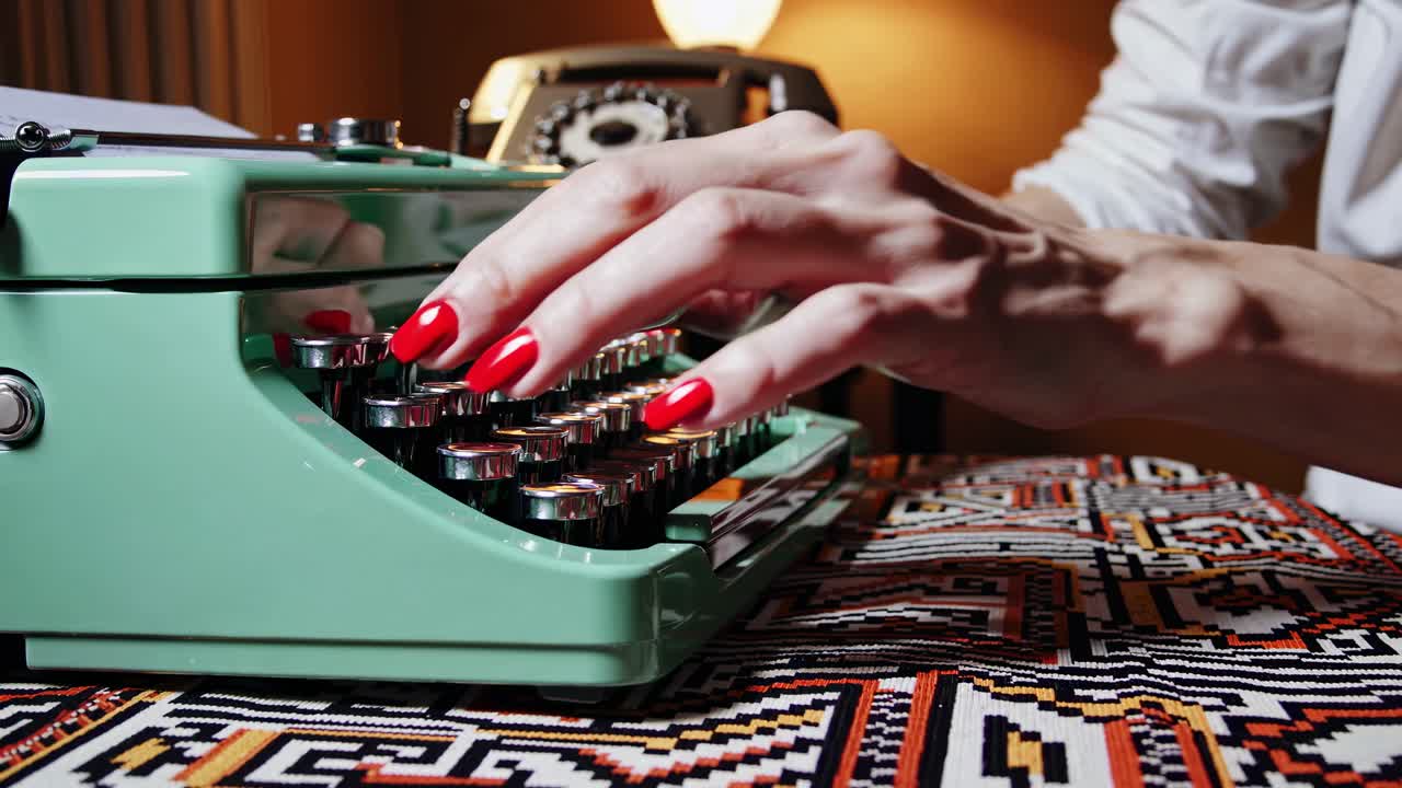 빈티지 녹색 타자기 에서 타이핑 하는 여자