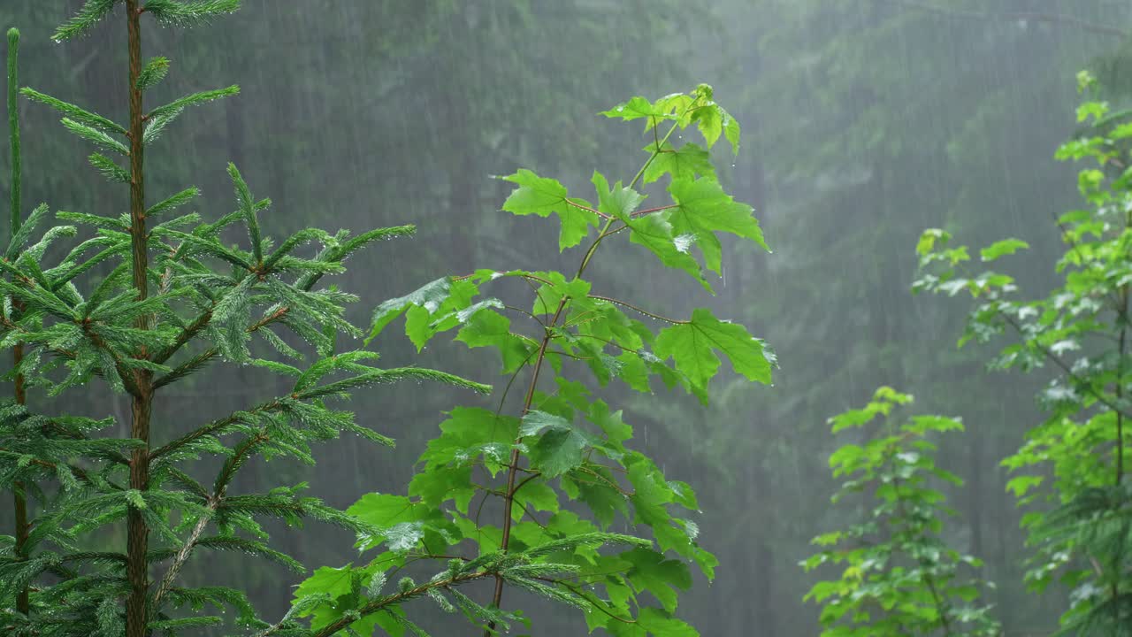 Young Maple Tree Enduring A Rain Shower In A Forest
