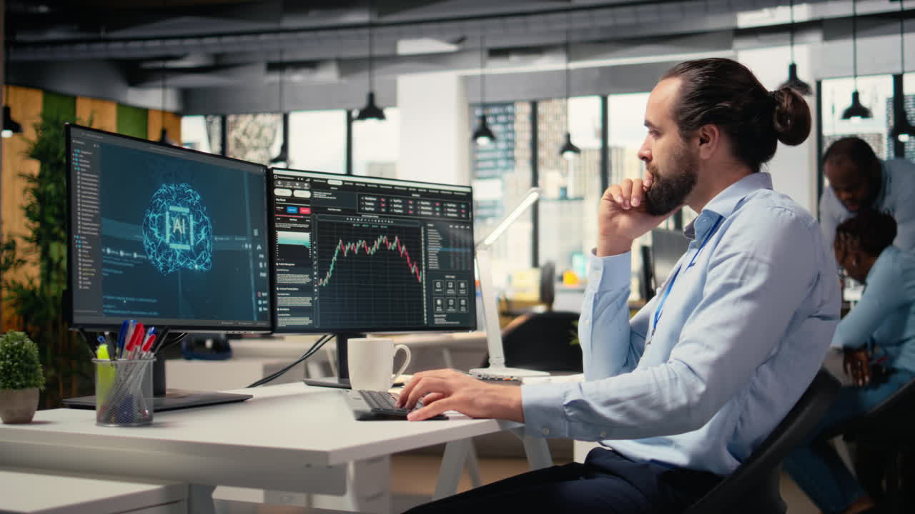 Risk analyst using artificial intelligence to assess stock market volatility