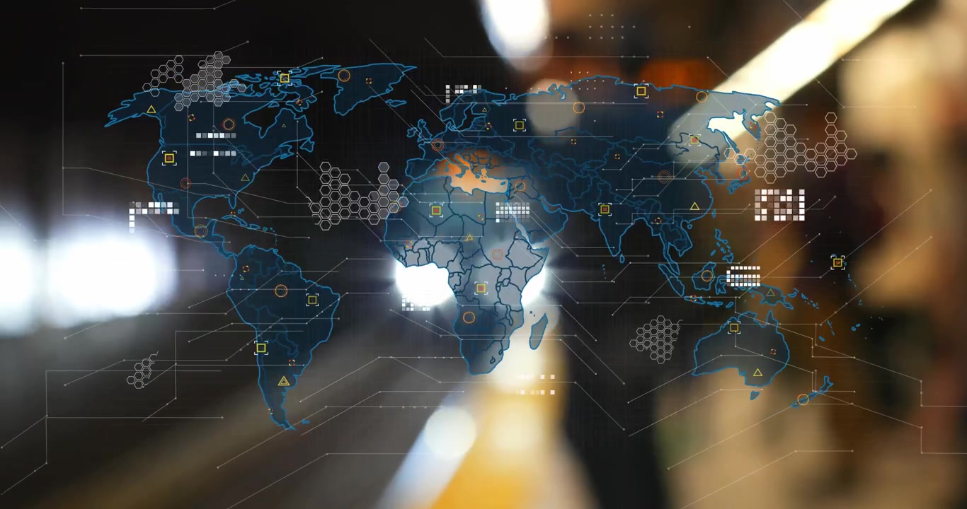 Animation of world map with data processing moving over underground train arriving at metro station