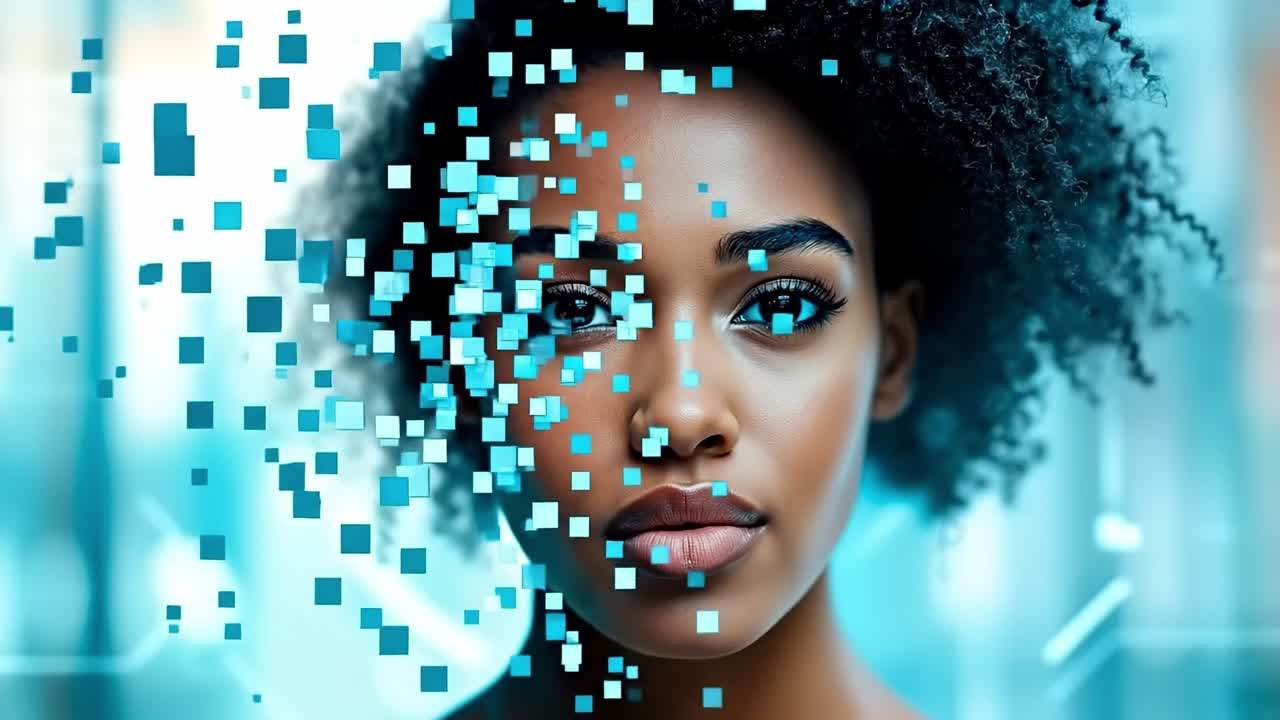 A woman with blue squares on her face