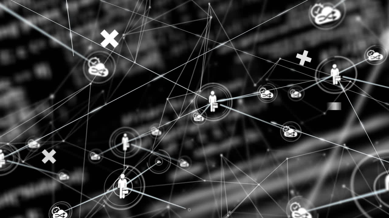 animación de la red de personas conectadas e iconos de nube con información en blanco sobre negro