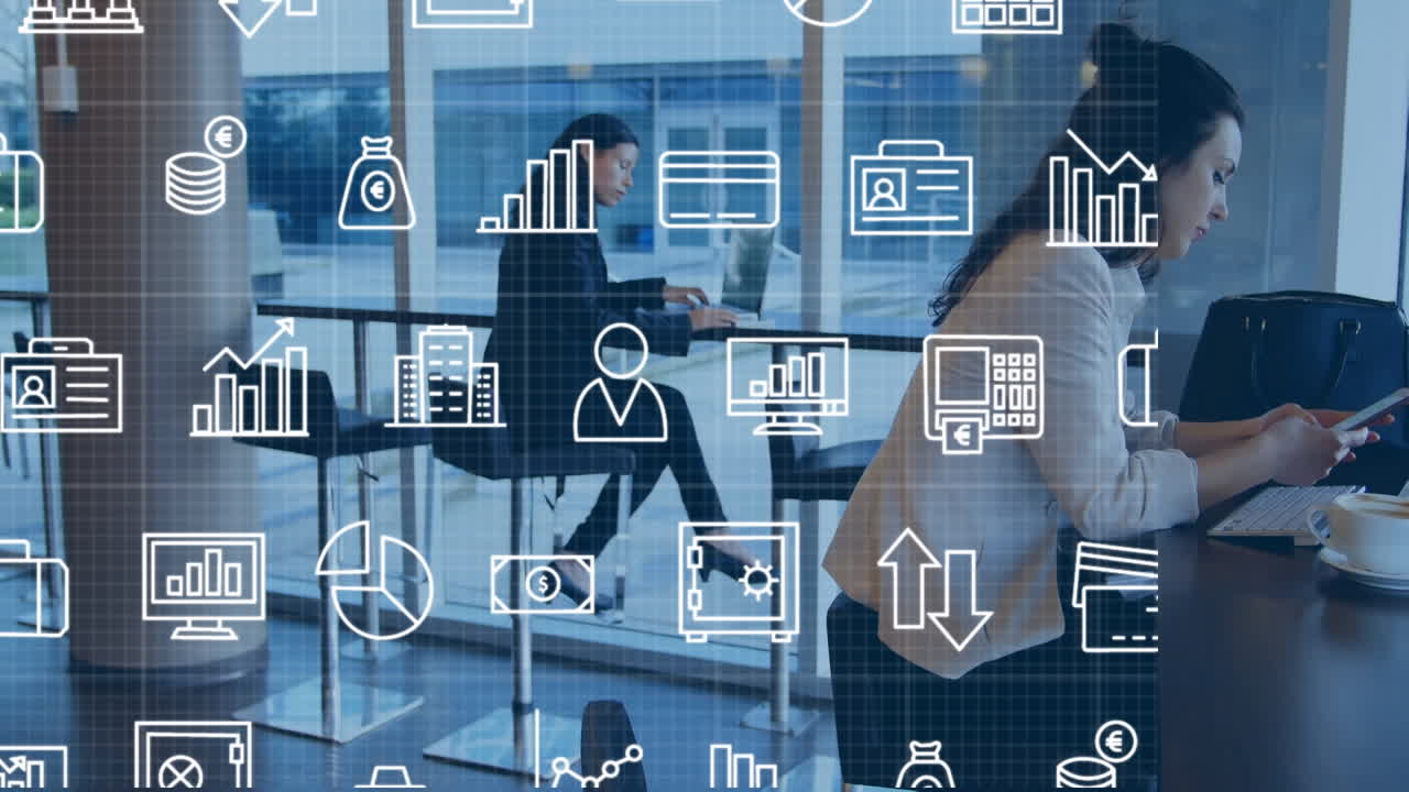 animación de múltiples iconos sobre mujer caucásica usando teléfono móvil en la cafetería de la oficina.