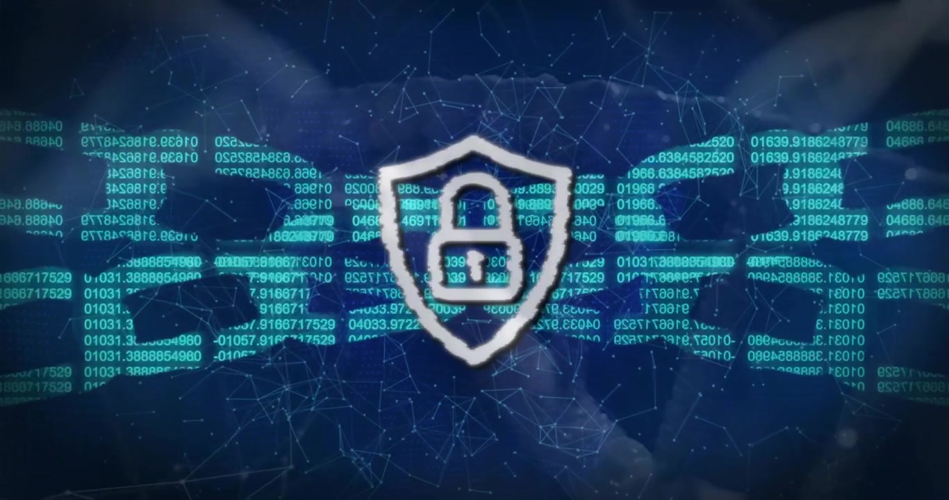 Streaking code initiating chain framing, glitching shield reforming showing blockchain security