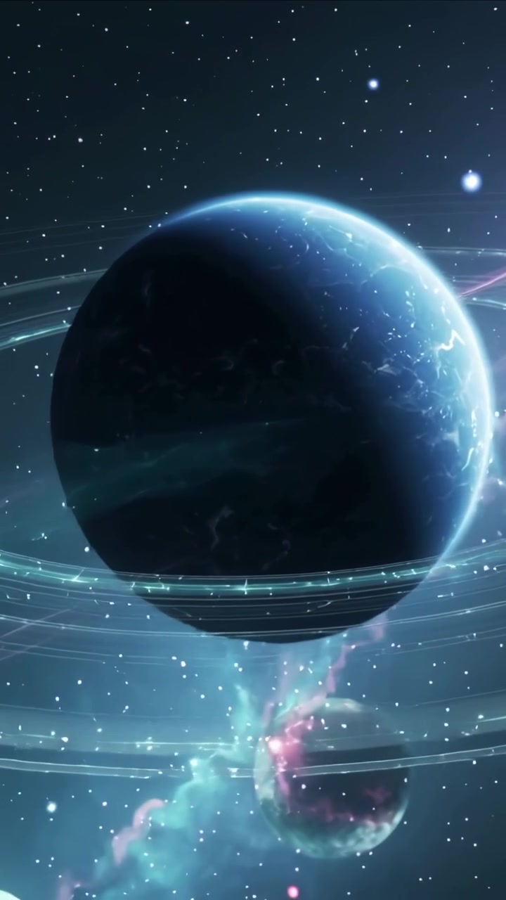 Vertical video: Panning space camera sweeping right, revealing ringed planet, teal ribbons, moons
