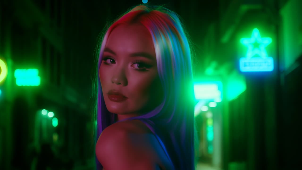 Giovane donna asiatica in posa in una strada cittadina illuminata al neon di notte.