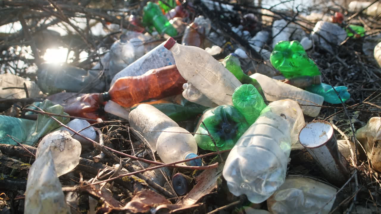 River coast with a lot of scattered plastic bottles