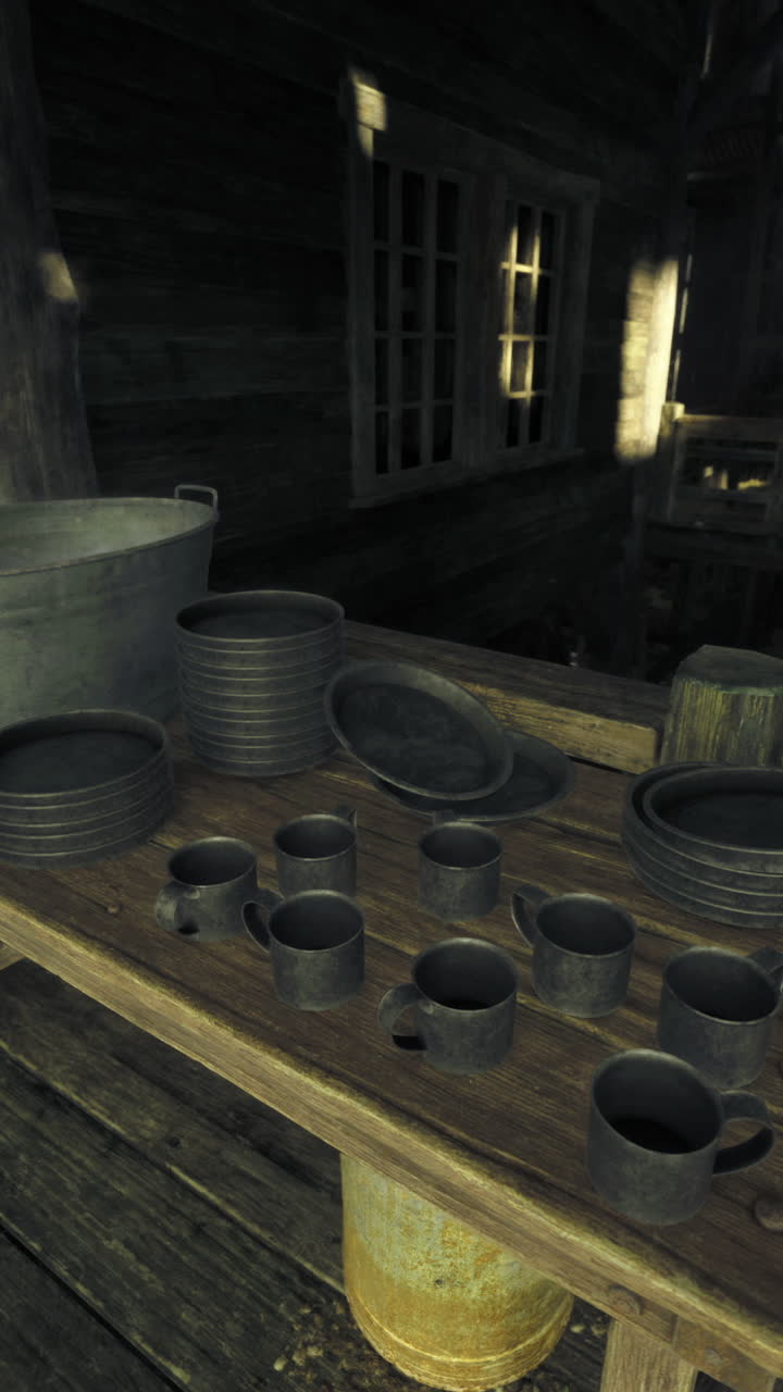 Rustic kitchen displaying traditional cookware in a secluded wooden cabin