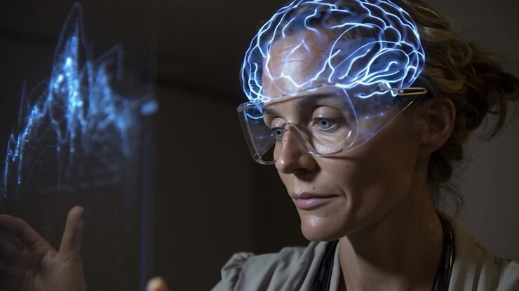 Woman using advanced technology to visualize brain activity and data