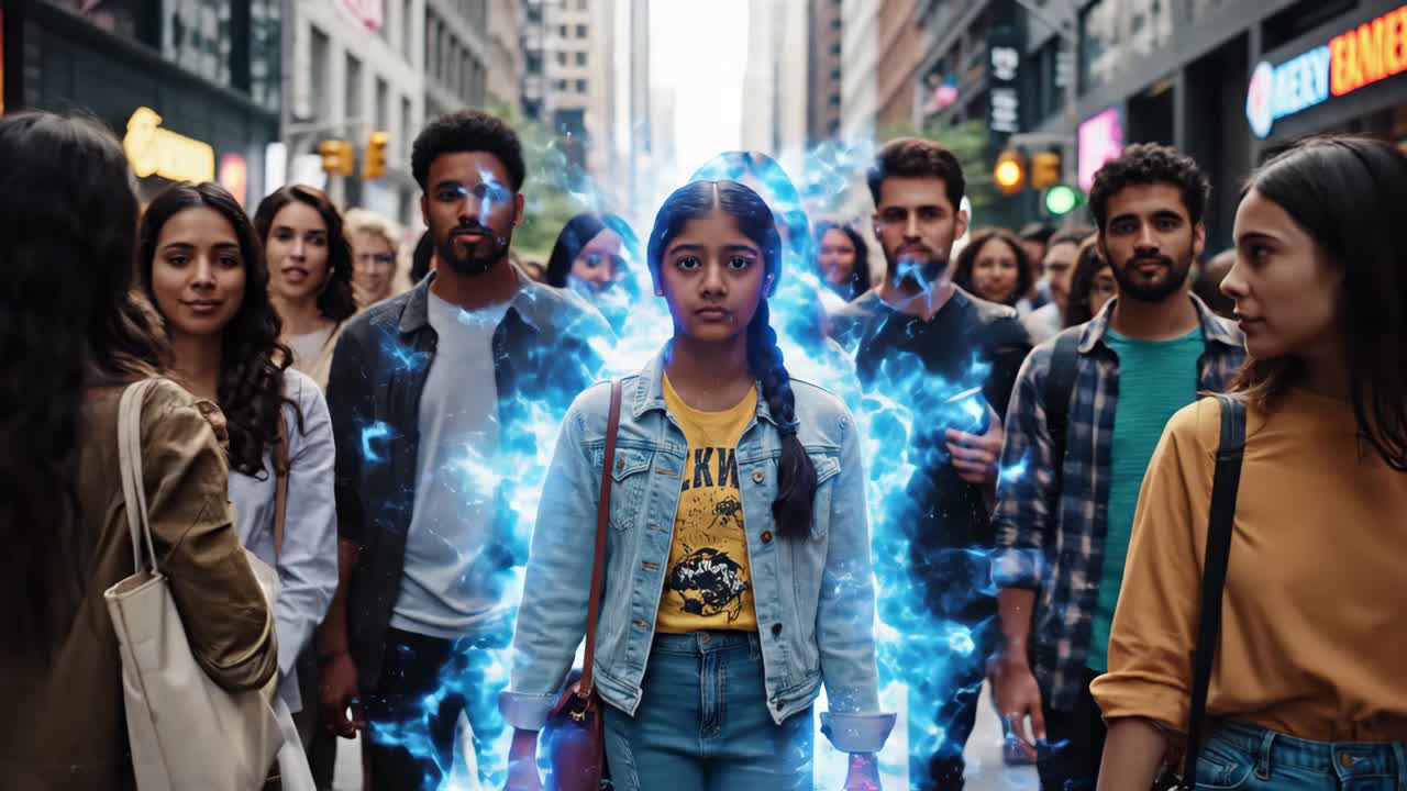 Young Girl in City Street Surrounded by Energy