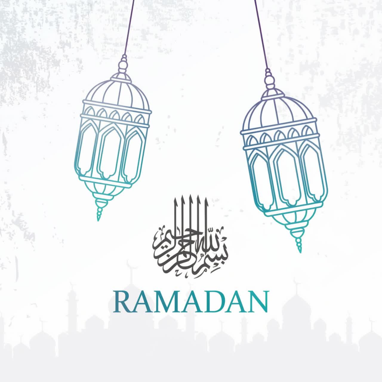 Animazione Ramadan Kareem con lanterne pendenti, calligrafia araba, silhouette di moschea su sfondo bianco.