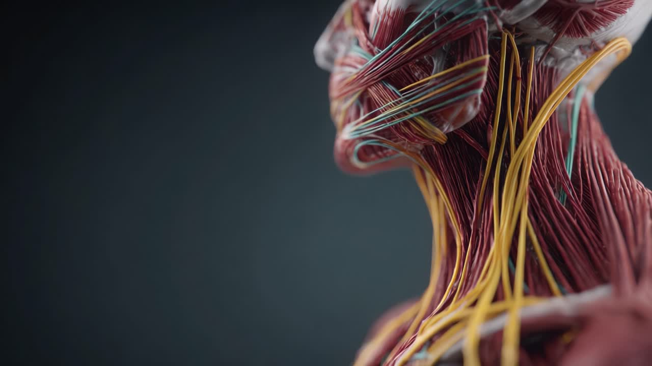 Modello anatomico dettagliato che mostra la muscolatura umana e le connessioni del sistema nervoso da diverse angolazioni, evidenziando la struttura e la complessità del corpo.