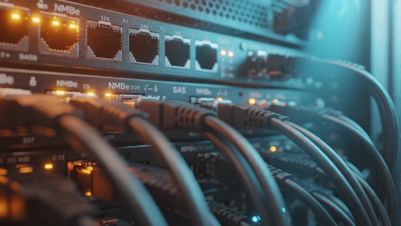 Intricate details of a high-performance data server showcasing illuminated ports, complex cabling, and the essential hardware powering modern computing systems.