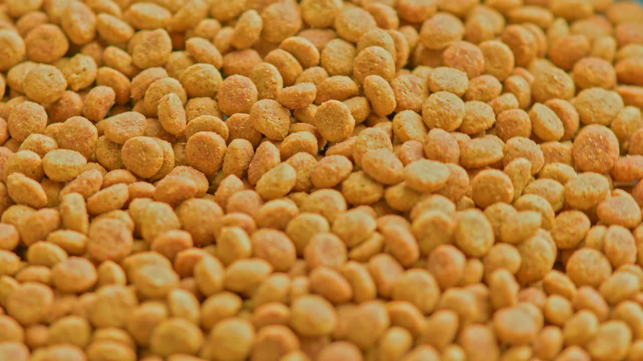 작은 건조한 오렌지색 고양이 음식 크로켓의 전체 프레임 루프 회전 배경