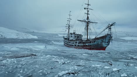 a ship in the middle of a large body of water surrounded by ice