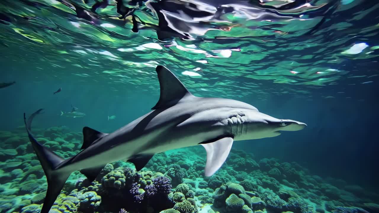 Underwater video captures a hammerhead shark swimming above coral reefs