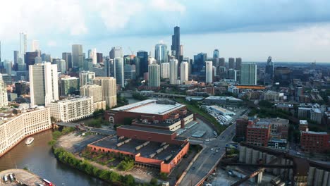 drone aerial of chicago downtown city skyline with large urban buildings