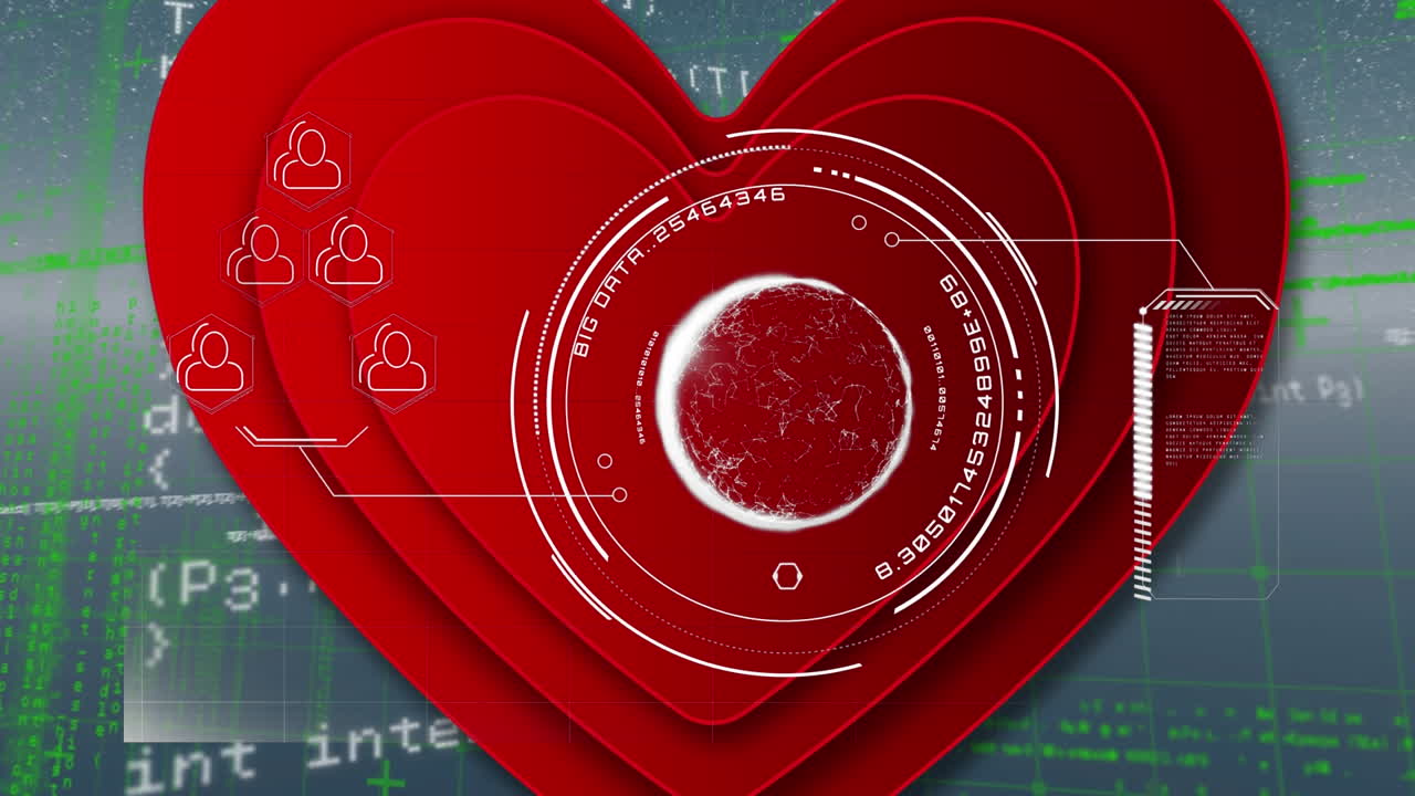 데이터 처리의 애니메이션과 파란색 배경에 있는 심장