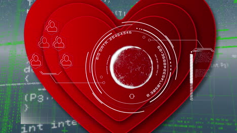 animación del procesamiento de datos y corazones sobre fondo azul