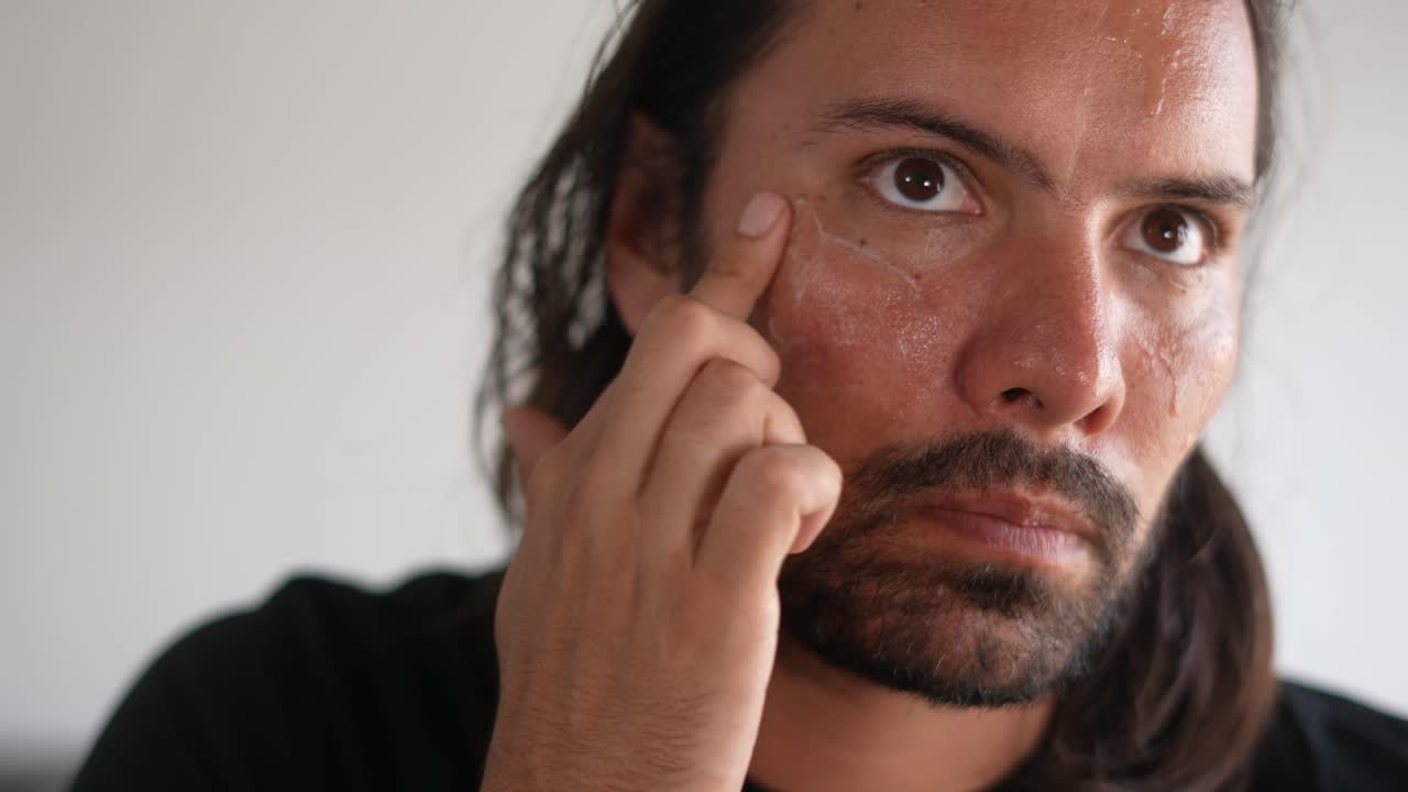 hombre haciendo cuidado de la piel para cuidar de su cara, hombre latino, hidratante