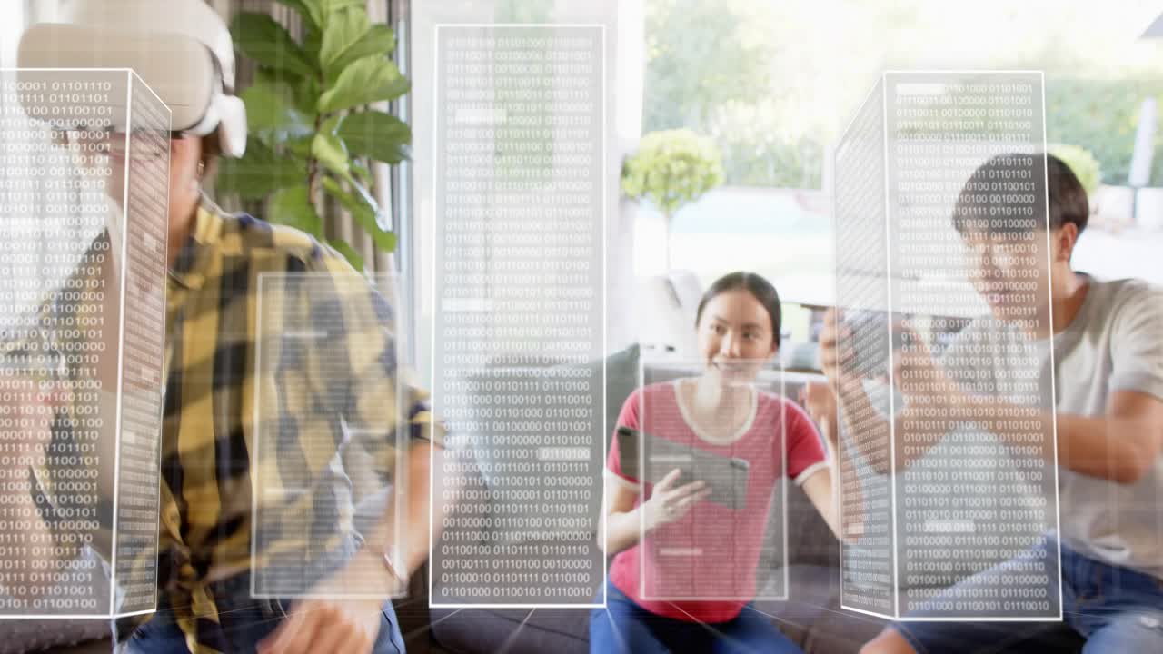 Woman putting on VR headset and punching virtual targets for gaming, companions recording HUD