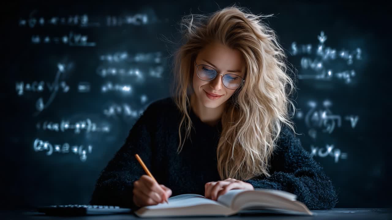 A focused student diligently studying in a cozy environment, surrounded by mathematical equations and notes, embodying the essence of learning and academic dedication