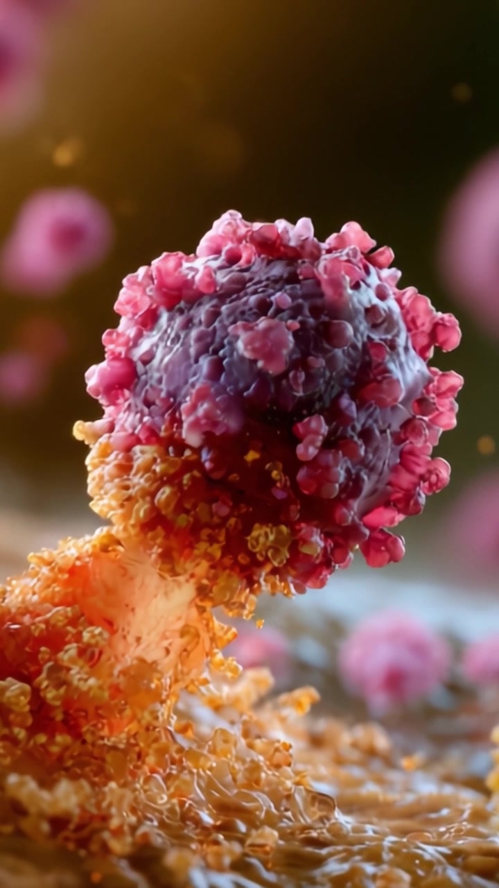 Visualizzazione dinamica di una cellula tumorale in azione, primo piano sulla meccanica e le interazioni cellulari in un ambiente microscopico, catturata con dettagli mozzafiato.