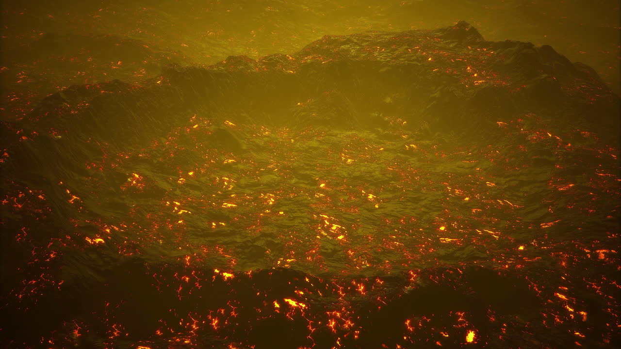 Molten lava flowing and bubbling in active volcanic crater during sunset