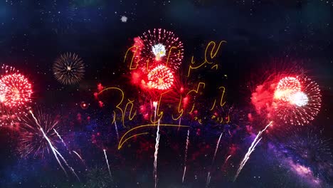 happy birthday text typography particles fireworks explosion sparks night sky background greeting
