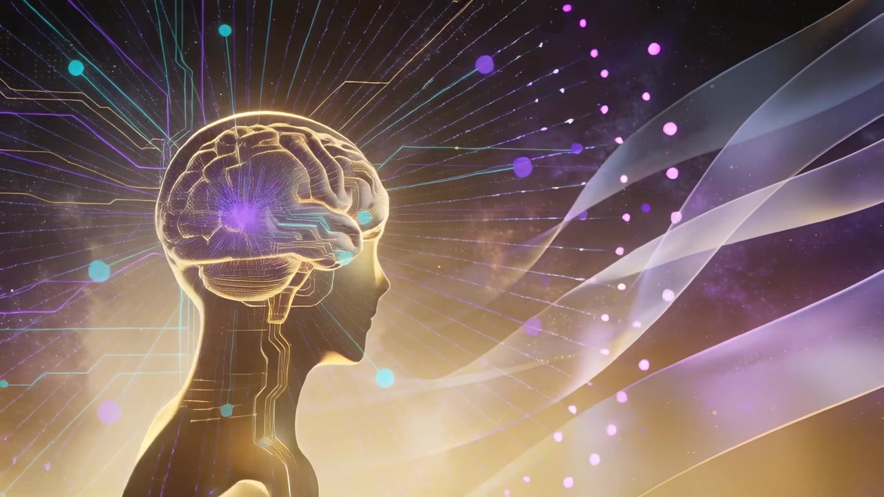 Circuiti cerebrali illuminati che causano la pulsazione dei nodi, testa dorata che invia una rete di dati attraverso una nebulosa, spazio per il testo