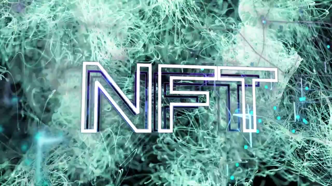 Filamenti turchesi che si muovono a destra, crescendo e rivelando lettere NFT delineate, incorniciando un titolo tecnologico.