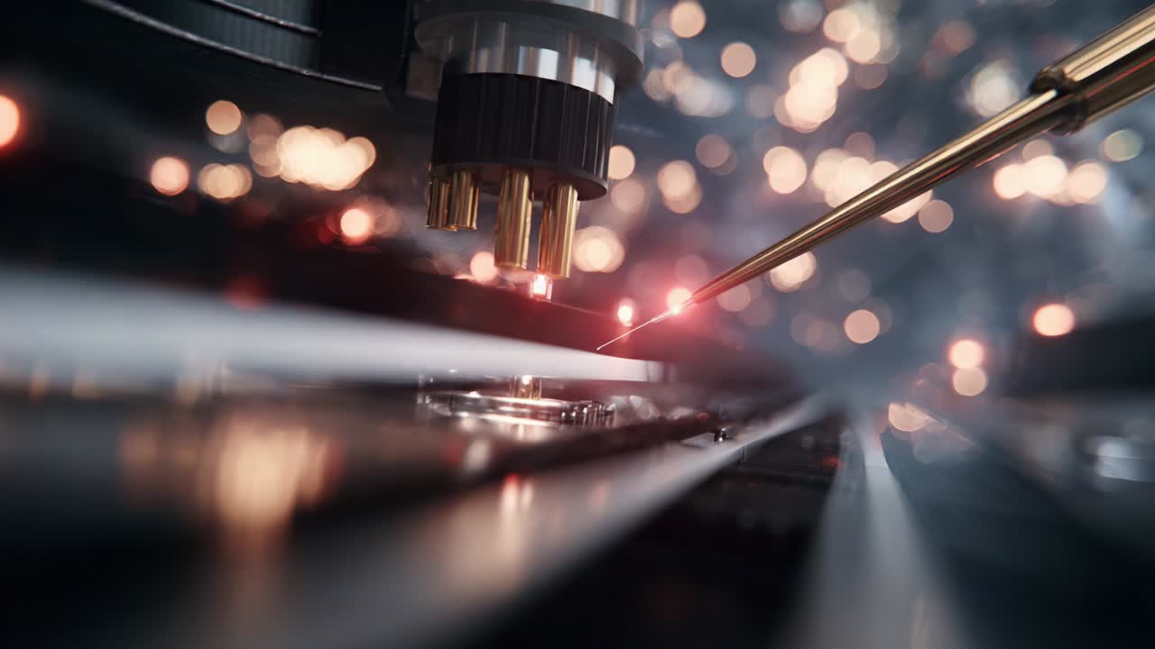 A close-up exploration of intricate technology at work, showcasing precision mechanics, detailed electronic components, and vibrant light reflections that dance between metallic surfaces, highlighting the art of engineering in action