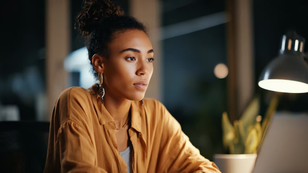 A focused woman in a cozy workspace engages in deep thought and contemplation, with warm lighting highlighting her features while she reflects quietly at her desk late at night