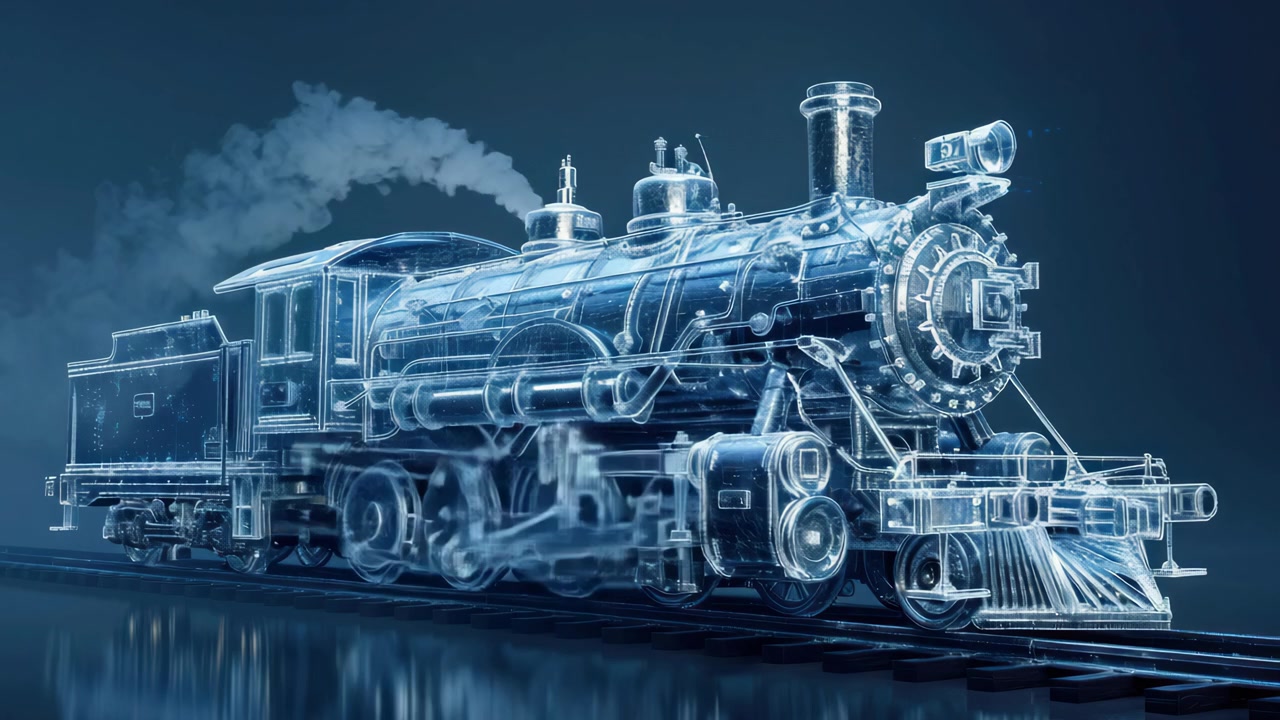 Holographic Blueprint of a Steam Locomotive on Railway Tracks