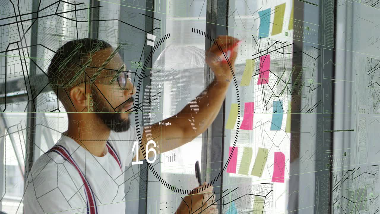 Product manager peeling pink sticky note and planning notes on glass, HUD overlay updating numbers