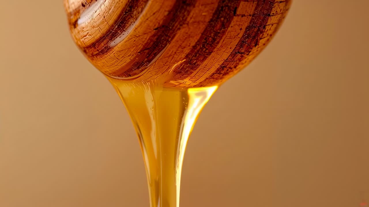 Miele ambrato che cola da un mestolo in legno inclinato in uno studio, che si svuota e mostra le scanalature