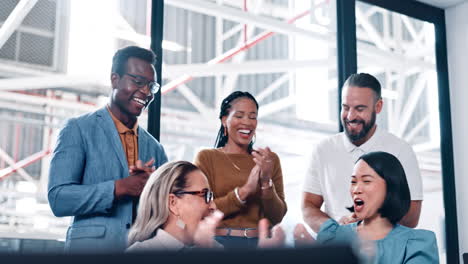 applause, wow and business people happy