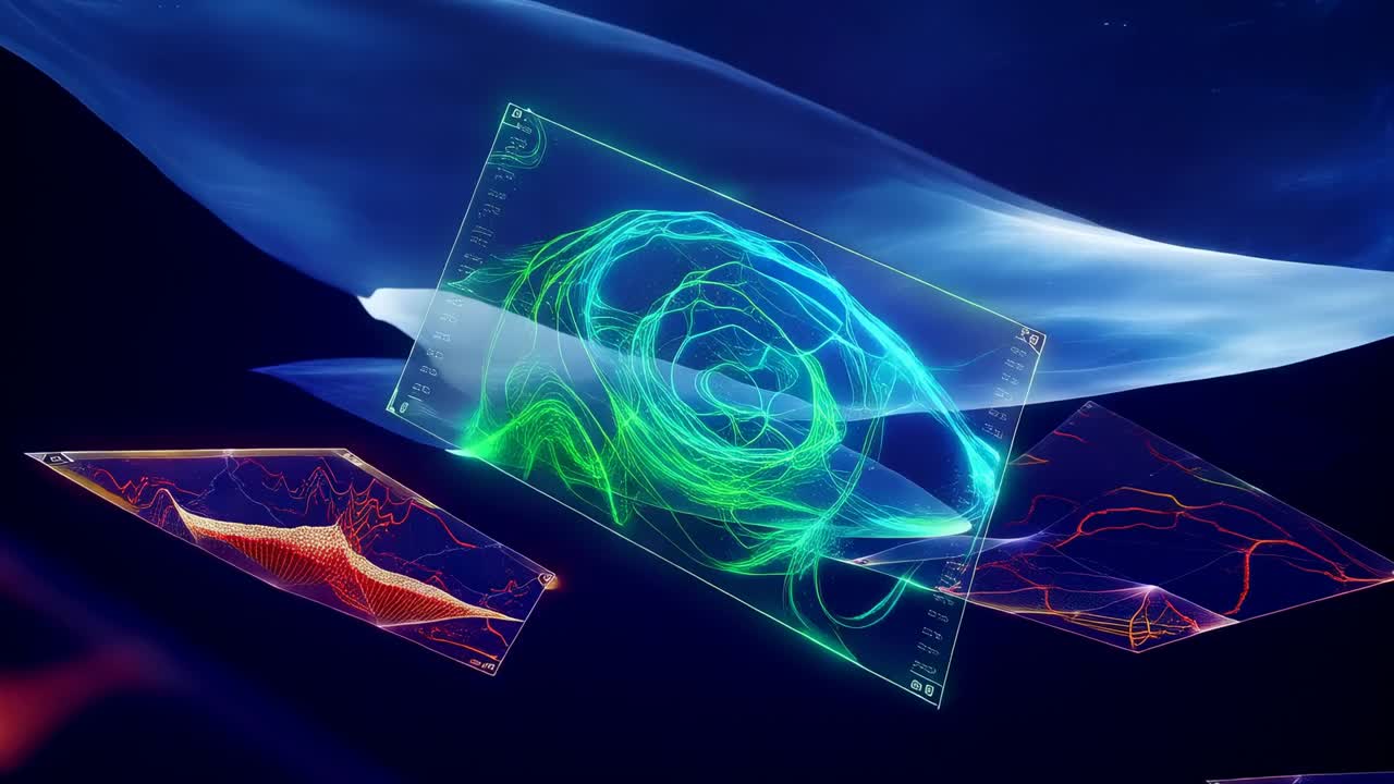 Pulling camera back, centered panel rotating in void, revealing neon vortex and layered depth