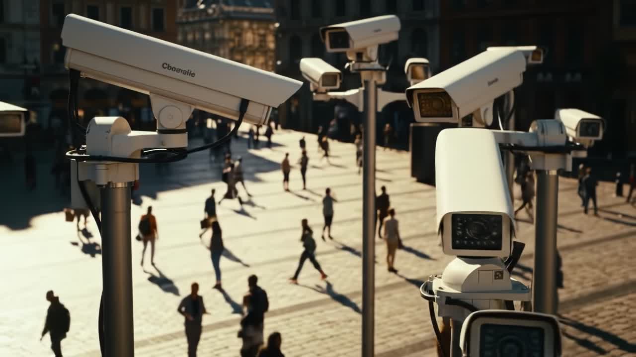 Surveillance in Urban Spaces: A Close Look at Security Cameras Overseeing Pedestrian Activity in a Bustling City Square During Evening Hours