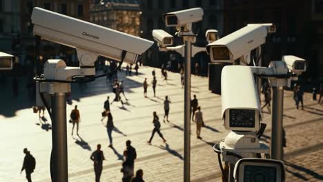 surveillance in urban spaces: a close look at security cameras overseeing pedestrian activity in a bustling city square during evening hours