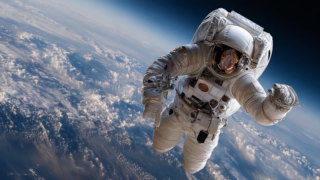 An awe-inspiring visual of an astronaut gracefully maneuvering in the vastness of space, surrounded by stunning views of Earth and a sea of clouds through the dark universe