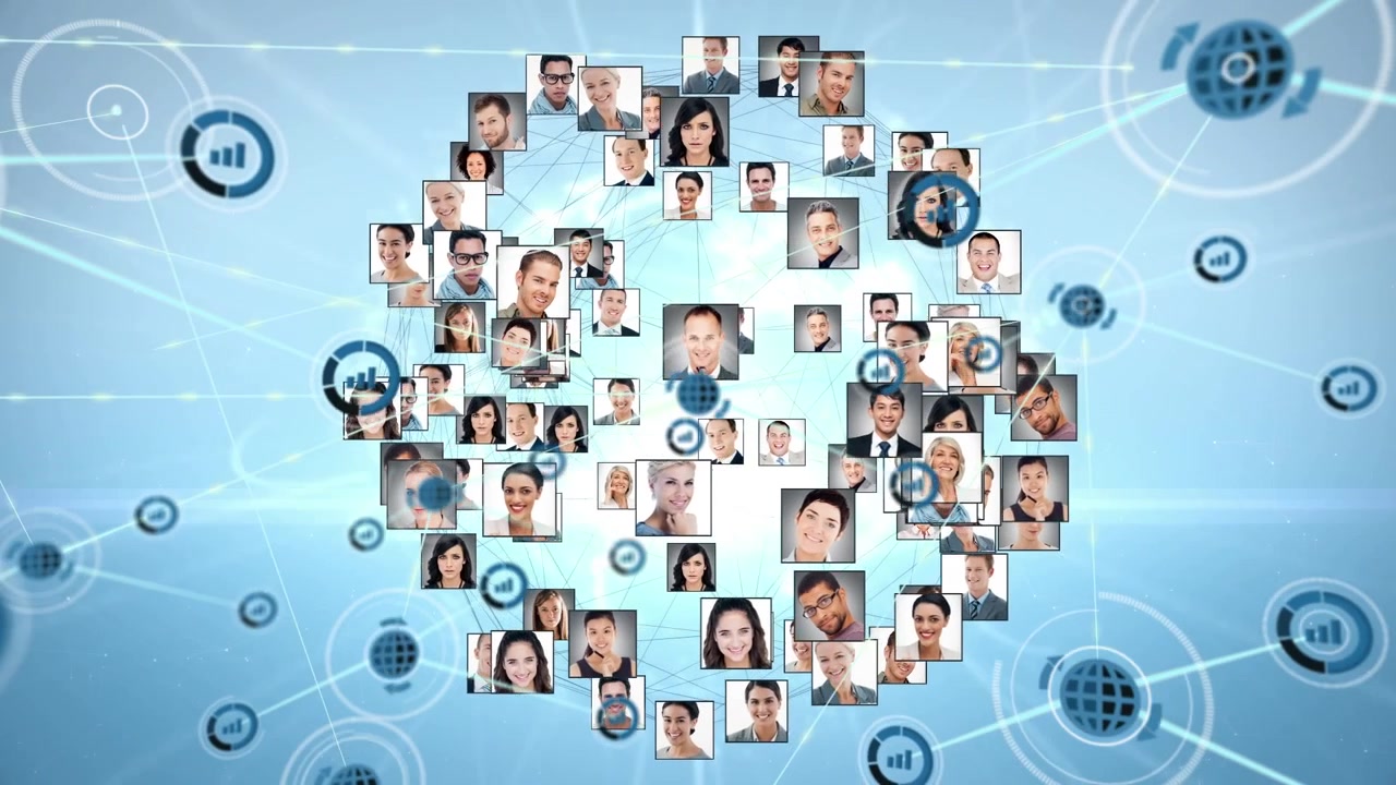 Animation of network of connections with icons and user photos over blue background