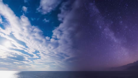 day to night panorama of a lake with clouds and stars
