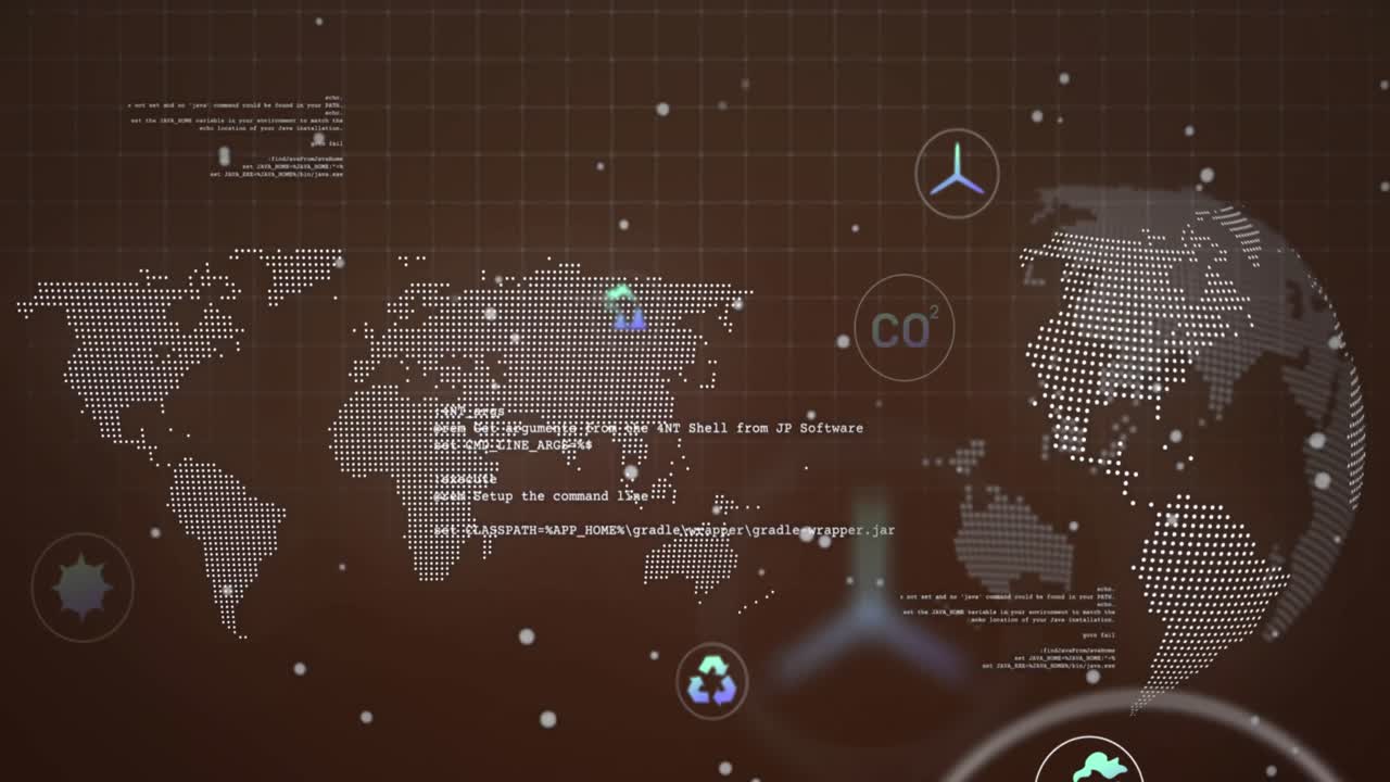 다중 디지털 아이콘의 애니메이션과 세계 지도와 회전하는 지구에 대한 데이터 처리