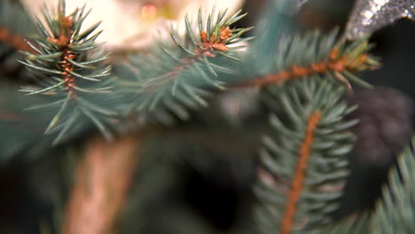 Detalle-De-Un-Abeto-Decorado-Con-Bolas-Navideñas-Y-Estrellas-En-El-Fondo-Bokeh