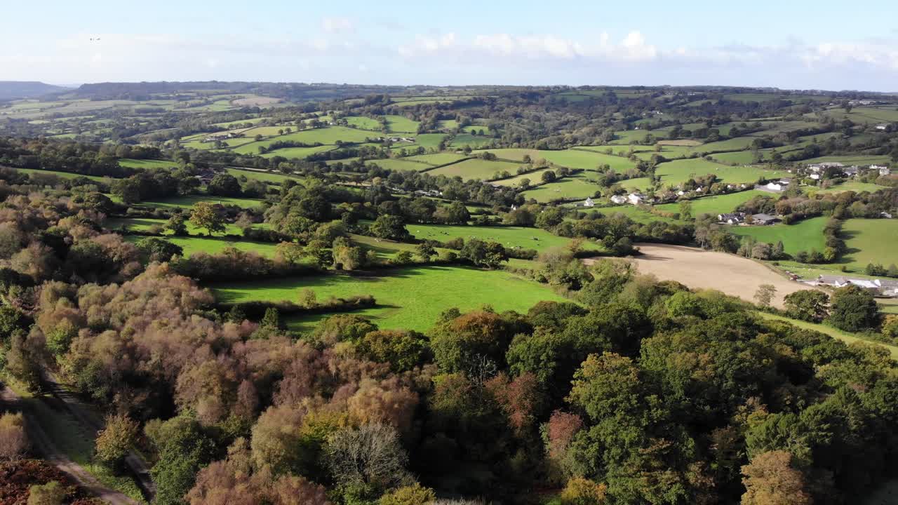 Aerial Dolly Back Over Idyllic East Devon Countryside