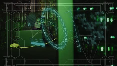 animación de un hacker asiático con computadora portátil, adn, procesamiento de datos a través de servidores de computadora