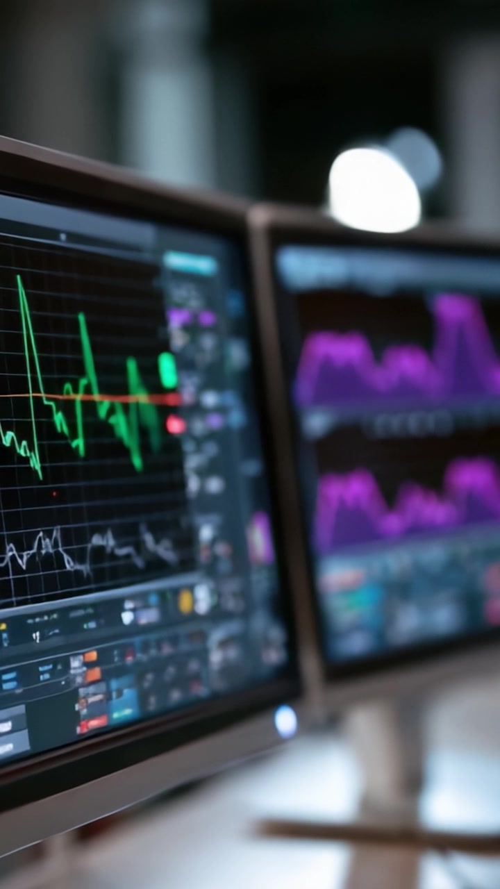 Una vista ravvicinata di più monitor di computer che mostrano vari grafici e tendenze dei dati di mercato, evidenziando l'analisi finanziaria e l'interpretazione dei dati
